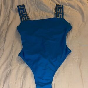 Versace Blue One-Piece Swimsuit with Patterned Straps size Small